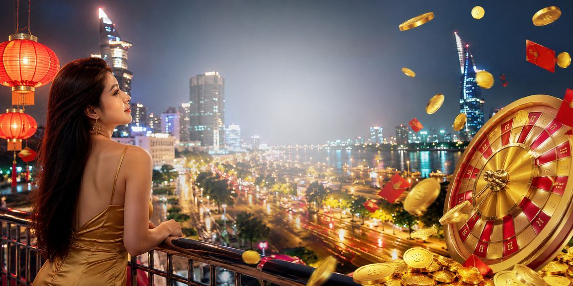 Khung cảnh TP.HCM đêm lễ hội với đèn lồng và màn hình hiển thị kết quả phân tích